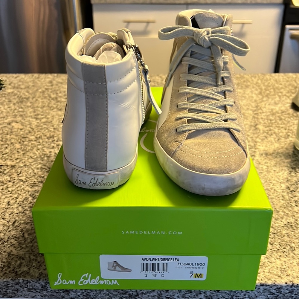 Sam Edelman Avon White Greige Leather High Top Sneakers Size 7